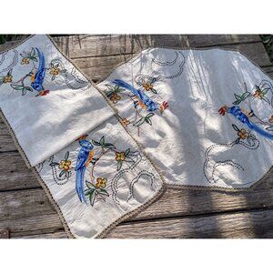 Arts & Crafts Linen Embroidery Table Runner Dresser Scarf Set Bird Of Paradise